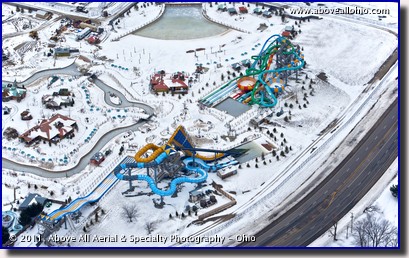 An oblique aerial view of an icy Zoombezi Bay water park, northwest of Columbus, OH